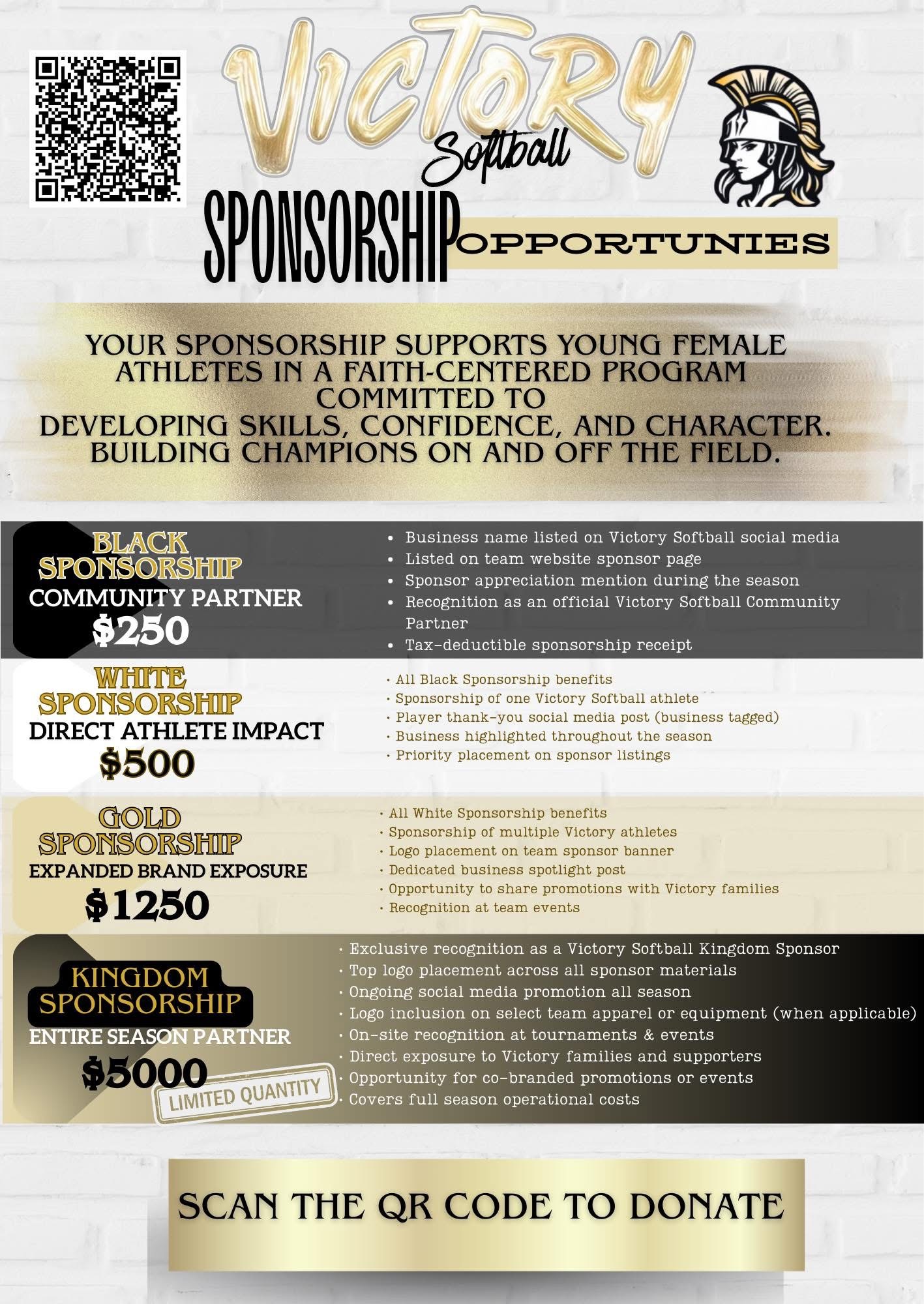 Victory Softball sponsorship opportunities flyer with Black, White, Gold and Kingdom levels