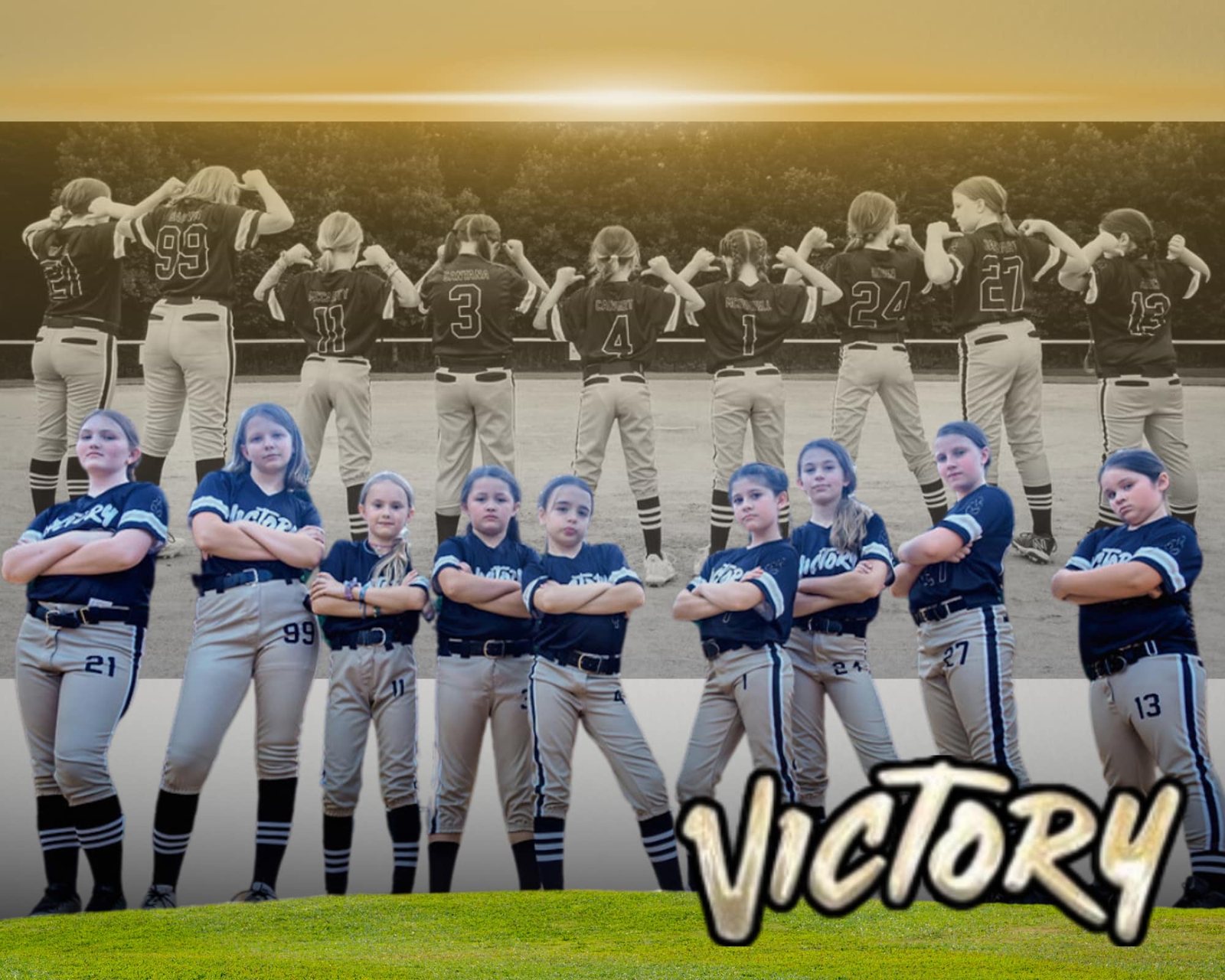 Victory Softball banner poster showing players posed in front of a stadium backdrop.