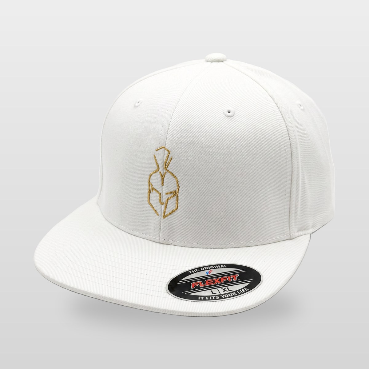 All white Victory Softball Flexfit cap with Vegas gold outlined warrior helmet embroidery