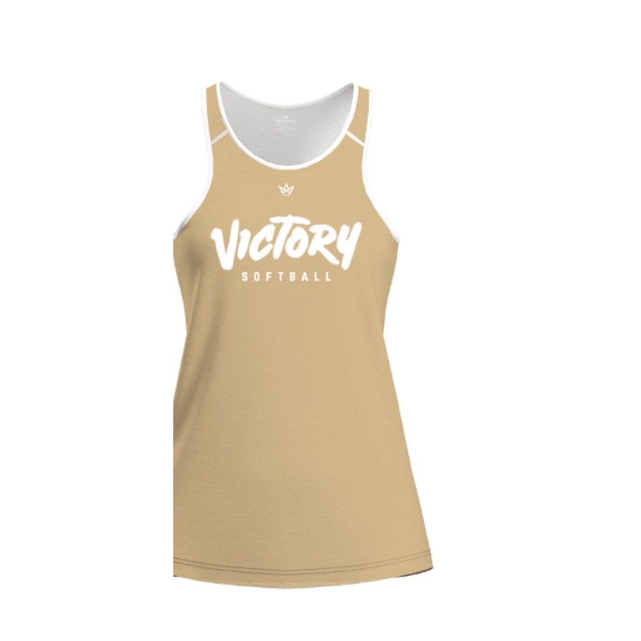 Vegas gold women's Victory Softball racerback Aura tank with white script