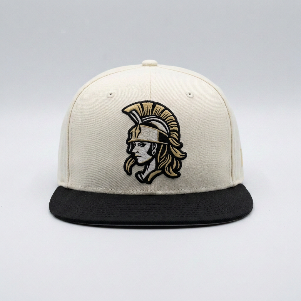 Cream Victory Softball cap with black brim and embroidered gold warrior head