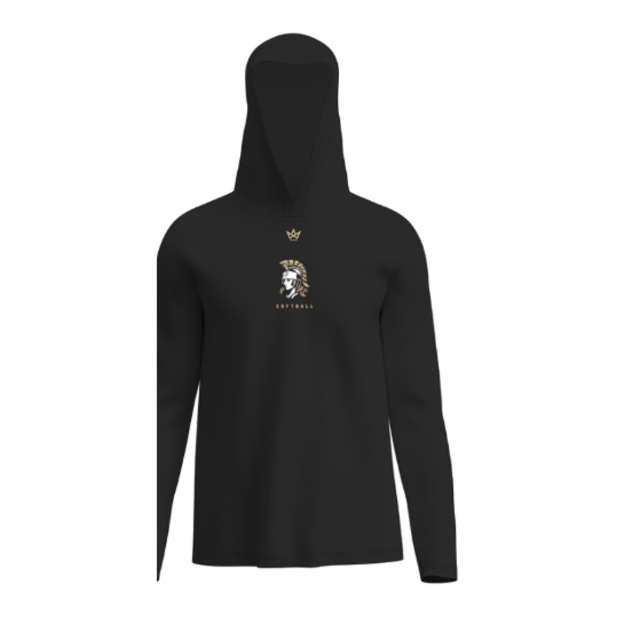 Black Victory Softball long sleeve performance hoodie with gold warrior head crest