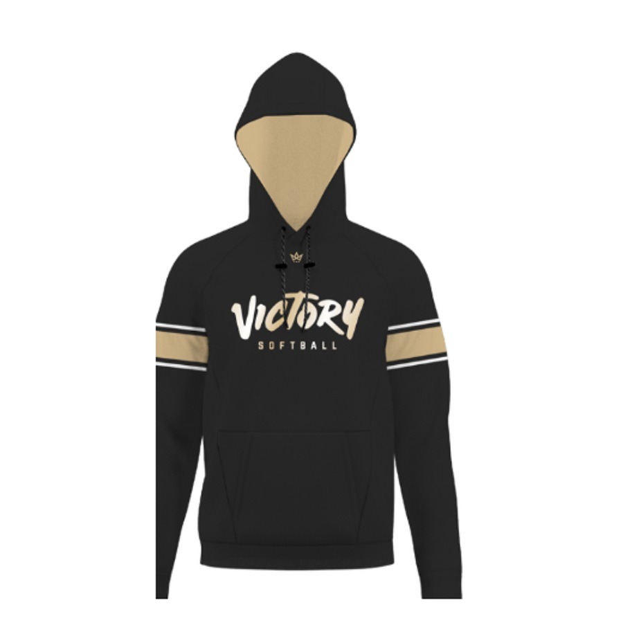 Black Victory Softball sublimated performance fleece hoodie with Vegas gold sleeve stripes and back name and number