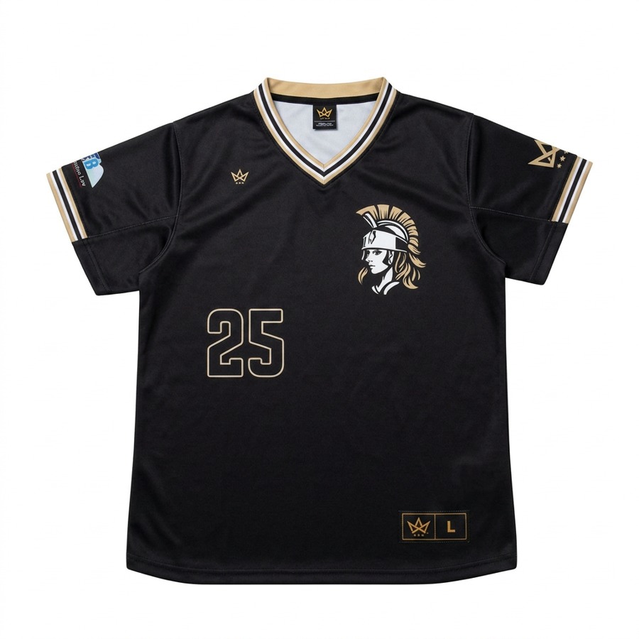 Black Victory Softball Ventus V-neck jersey with Vegas gold collar stripes and warrior head chest logo