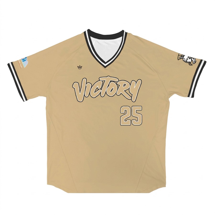 Vegas gold Victory Softball Pro Vented V-neck jersey with black and white trim and Victory script