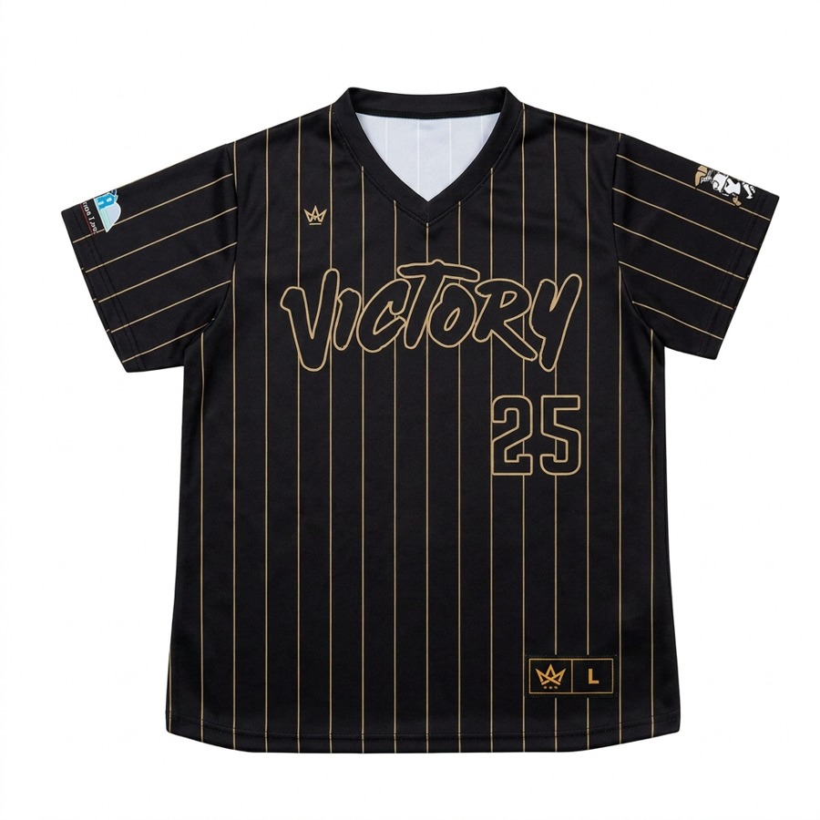 Black Victory Softball Ventus V-neck jersey with Vegas gold pinstripes and gold outlined Victory script