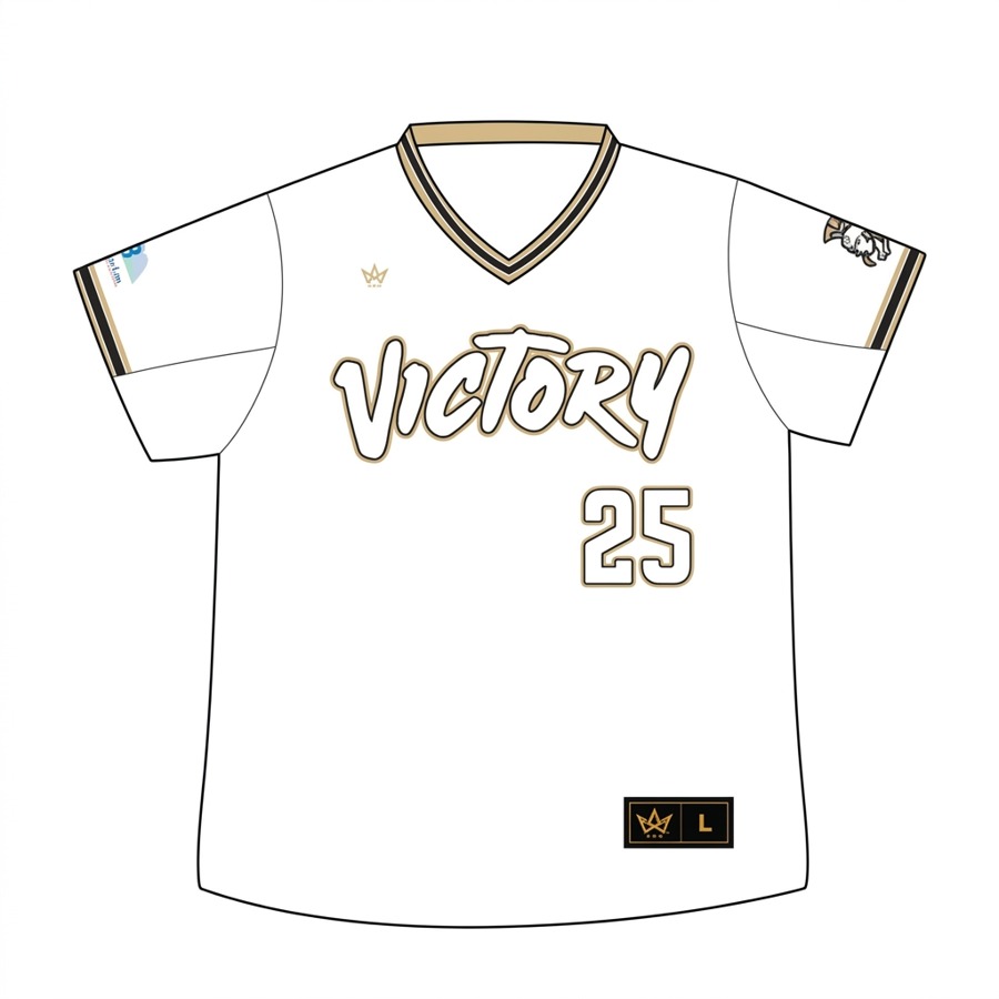 White Victory Softball Ventus V-neck jersey with gold and black trim, Victory script and number 25