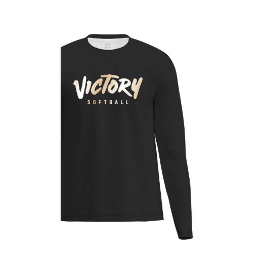 Black Victory Softball long sleeve performance tee with white and gold script