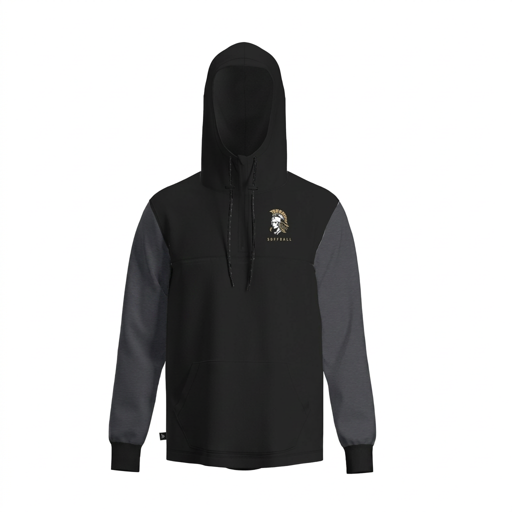 Black Victory Softball paneled hoodie with heather charcoal sleeves and embroidered gold warrior head