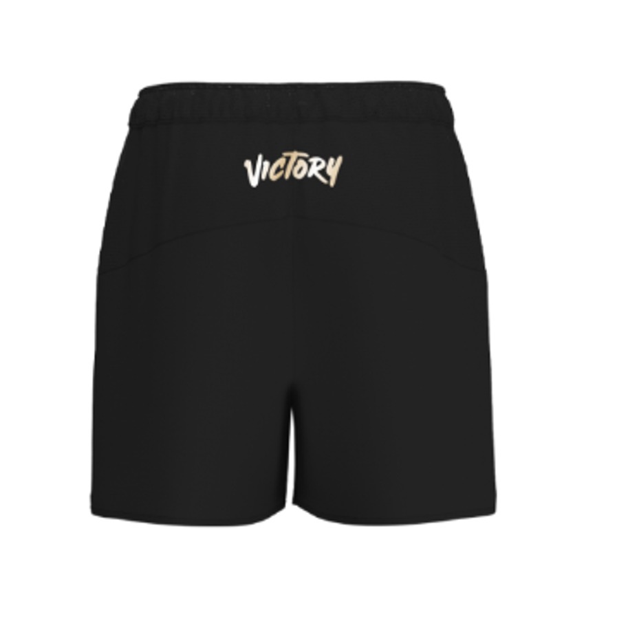 Black Victory Softball Ventus shorts with gold trim and white Victory script