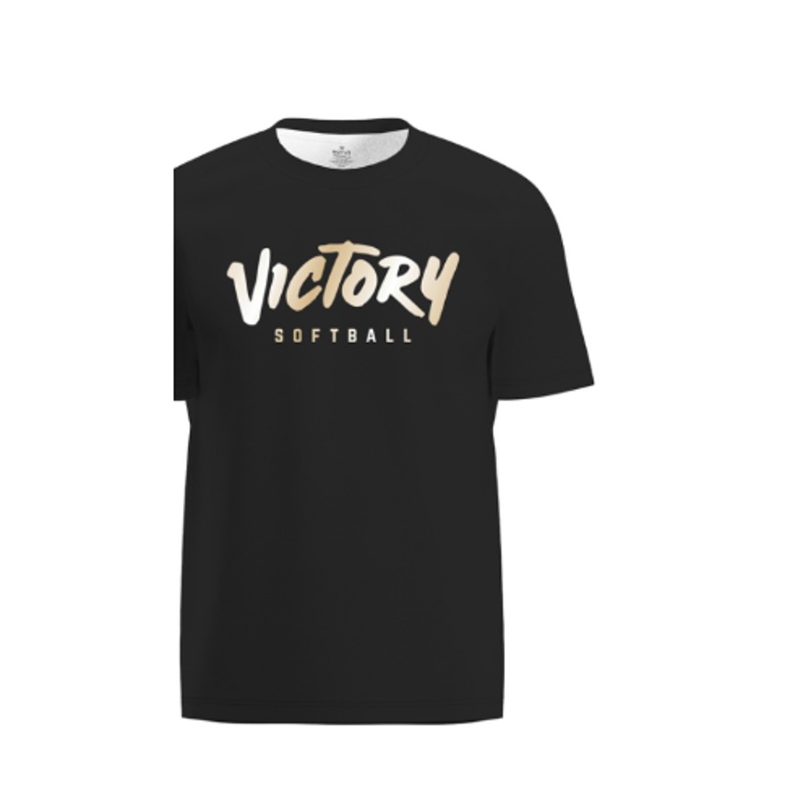 Black Victory Softball short sleeve performance tee with white and gold script