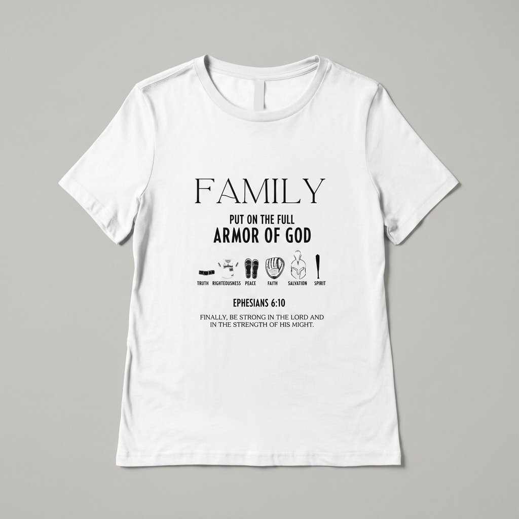 White Victory Softball Family t-shirt with Armor of God back print