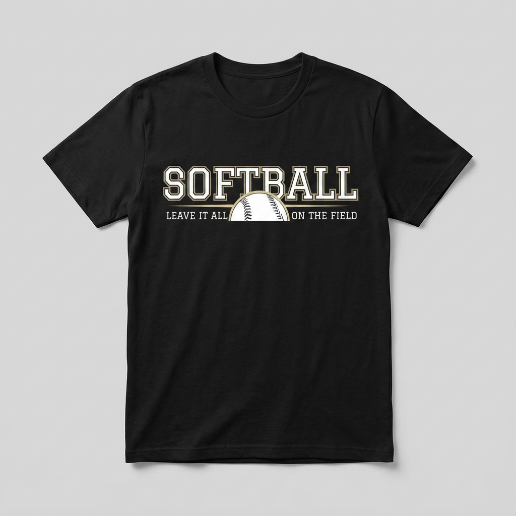 Black tee with gold outlined Softball block lettering and Leave It All On The Field
