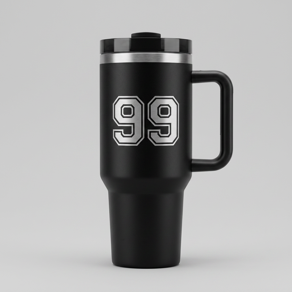 Black 40 ounce tumbler engraved with a personalized jersey number