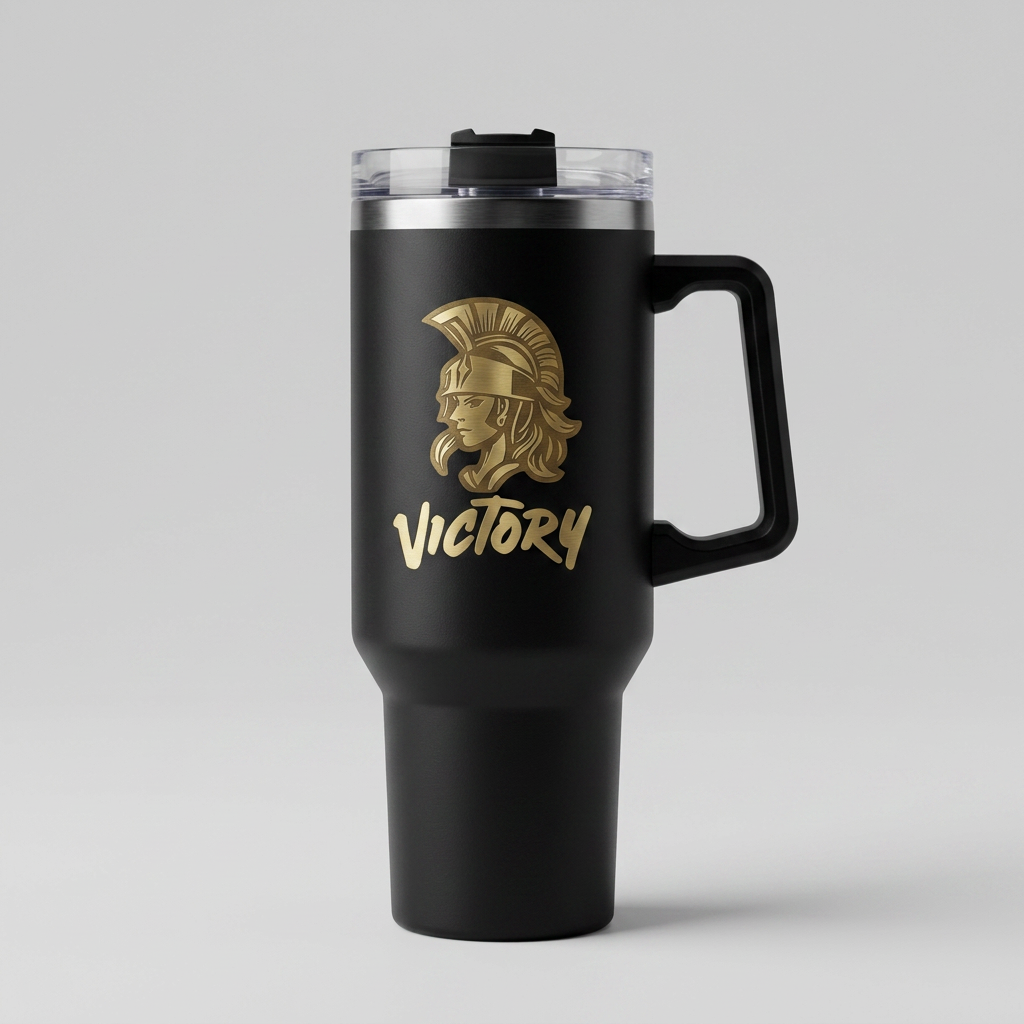 Black 40 ounce tumbler engraved with the Victory warrior head and wordmark