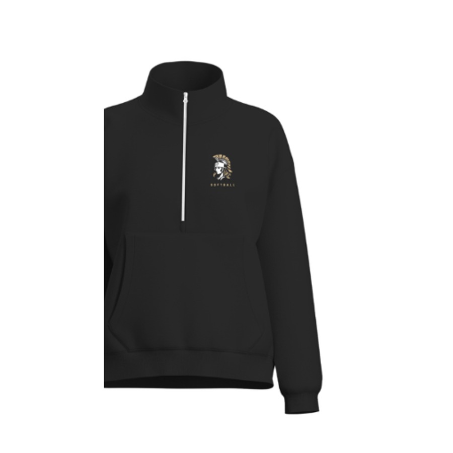 Black women's Victory Softball cotton fleece half-zip pullover with white zipper and embroidered warrior head