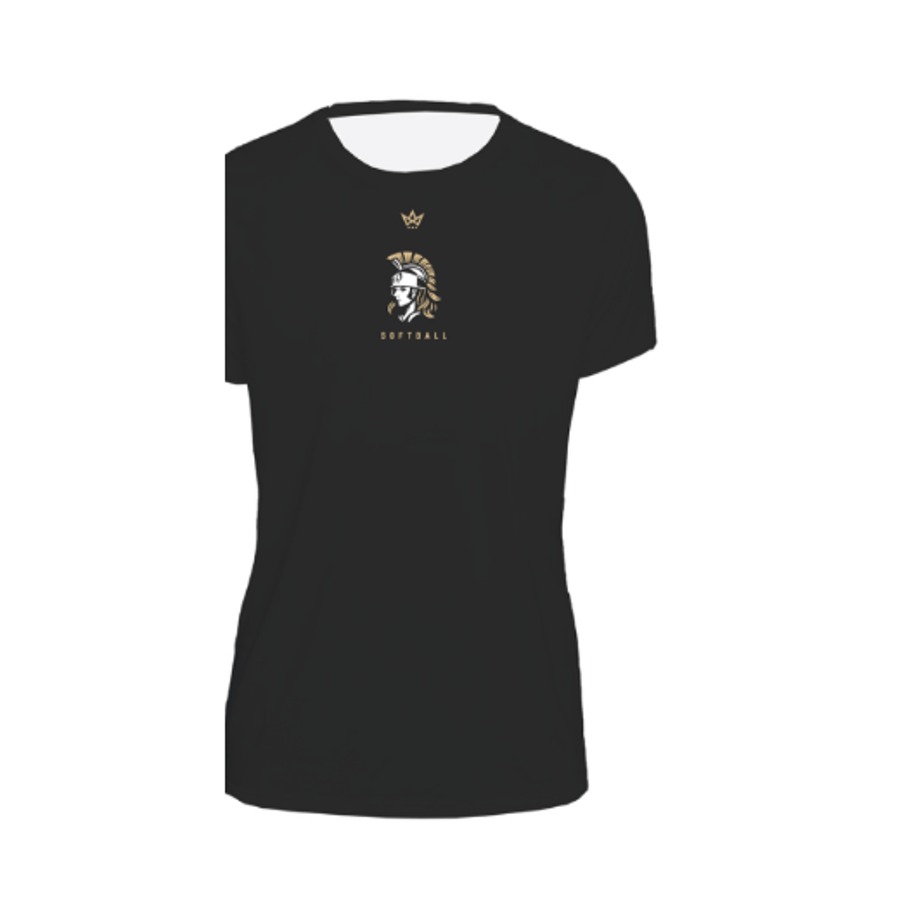 Black women's Victory Softball performance tee with gold warrior head crest